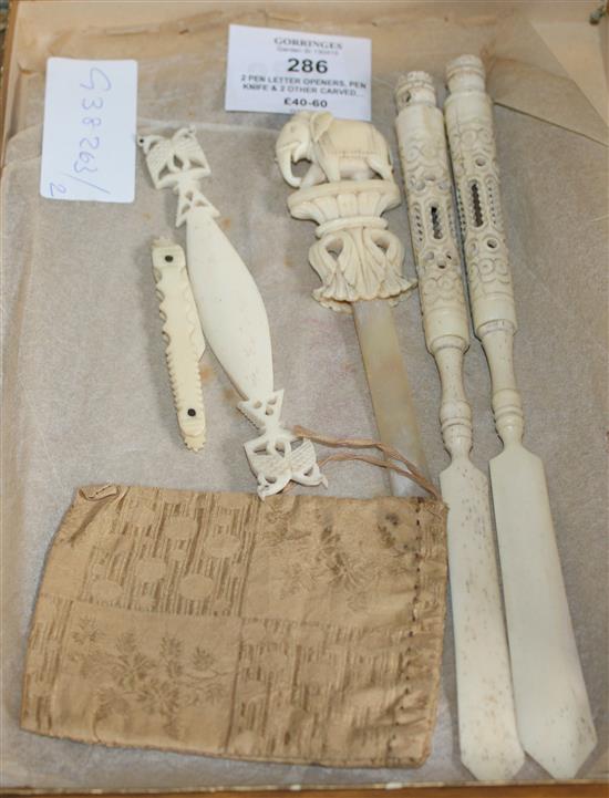 2 pen letter openers, pen knife & 2 other carved ivory items